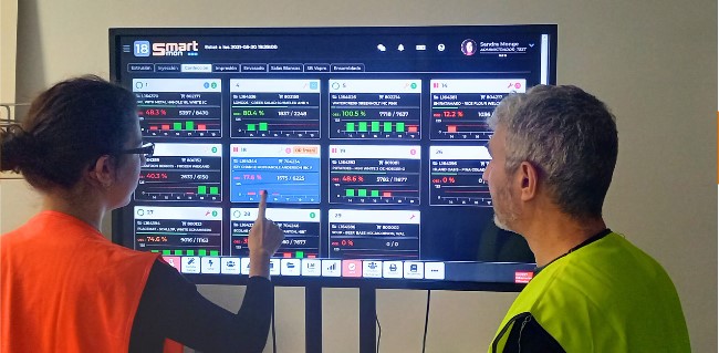 Se muestran dos personas delante de una pantalla tras implantar un sistema MES. En este ejemplo es Smartmon, plataforma MES para el control de la producción en tiempo real.